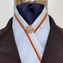 Load image into Gallery viewer, ERA RACHAEL STOCK TIE - Pale blue satin, navy, red & gold piping & brooch