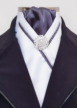 Load image into Gallery viewer, ERA RACHAEL STOCK TIE - White satin, dark grey, silver & grey piping & brooch