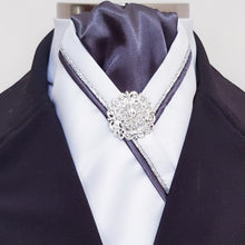 Load image into Gallery viewer, ERA RACHAEL STOCK TIE - White satin, dark grey, silver & grey piping & brooch