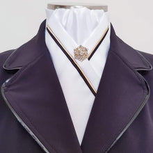 Load image into Gallery viewer, ERA RACHAEL STOCK TIE - White satin, black & gold satin piping & brooch