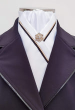Load image into Gallery viewer, ERA RACHAEL STOCK TIE - White satin, black & gold satin piping & brooch