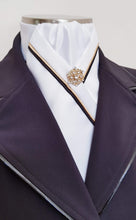 Load image into Gallery viewer, ERA RACHAEL STOCK TIE - White satin, black & gold satin piping & brooch