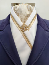 Load image into Gallery viewer, ERA RACHAEL STOCK TIE - White satin with gold metallic spot brocade, trim, piping and brooch