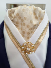 Load image into Gallery viewer, ERA RACHAEL STOCK TIE - White satin with gold metallic spot brocade, trim, piping and brooch