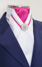 Load image into Gallery viewer, ERA RACHAEL STOCK TIE - White satin, hot pink, silver & pink V piping & brooch