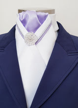 Load image into Gallery viewer, ERA RACHAEL STOCK TIE - White satin, lilac, silver & lilac V piping & brooch