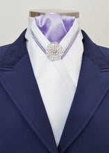 Load image into Gallery viewer, ERA RACHAEL STOCK TIE - White satin, lilac, silver & lilac V piping & brooch