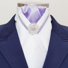 Load image into Gallery viewer, ERA RACHAEL STOCK TIE - White satin, lilac, silver & lilac V piping & brooch