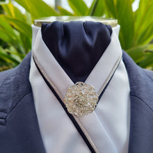 Load image into Gallery viewer, ERA RACHAEL STOCK TIE - White satin, navy, navy & silver satin piping & brooch