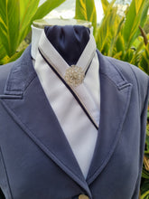 Load image into Gallery viewer, ERA RACHAEL STOCK TIE - White satin, navy, navy & silver satin piping & brooch