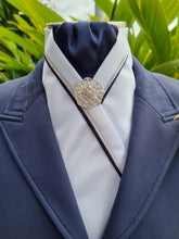 Load image into Gallery viewer, ERA RACHAEL STOCK TIE - White satin, navy, navy & silver satin piping & brooch