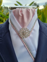 Load image into Gallery viewer, ERA RACHAEL STOCK TIE - White satin with pale pink centre, silver & pink piping and silver brooch