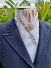 Load image into Gallery viewer, ERA RACHAEL STOCK TIE - White satin with pale pink silver &amp; pink piping and silver brooch
