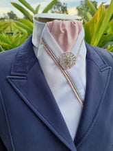 Load image into Gallery viewer, ERA RACHAEL STOCK TIE - White satin with pale pink centre, silver & pink piping and silver brooch