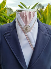 Load image into Gallery viewer, ERA RACHAEL STOCK TIE - White satin with pale pink silver &amp; pink piping and silver brooch
