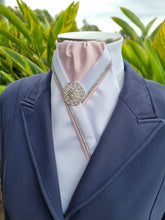 Load image into Gallery viewer, ERA RACHAEL STOCK TIE - White satin with pale pink centre, silver & pink piping and silver brooch