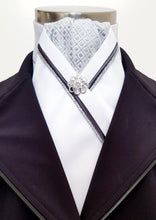 Load image into Gallery viewer, ERA RACHAEL STOCK TIE - White satin, silver diamond brocade, dark grey & silver piping & brooch