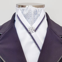 Load image into Gallery viewer, ERA RACHAEL STOCK TIE - White satin, silver diamond brocade, dark grey & silver piping & brooch
