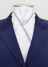 Load image into Gallery viewer, ERA RACHAEL STOCK TIE - White satin with lilac and silver piping & brooch