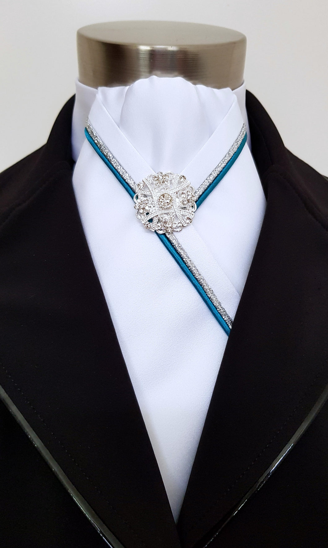 ERA RACHAEL STOCK TIE - White satin with teal and silver piping & brooch
