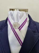 Load image into Gallery viewer, ERA SIENA STOCK TIE - White satin with purple & silver triple piping & brooch