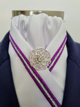 Load image into Gallery viewer, ERA SIENA STOCK TIE - White satin with purple & silver triple piping & brooch