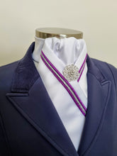 Load image into Gallery viewer, ERA SIENA STOCK TIE - White satin with purple & silver triple piping & brooch