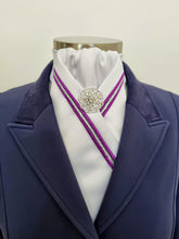 Load image into Gallery viewer, ERA SIENA STOCK TIE - White satin with purple & silver triple piping & brooch