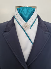 Load image into Gallery viewer, ERA SOPHIE STOCK TIE - White & Teal satin with teal & silver satin piping, Swarovski crystals and silver brooch