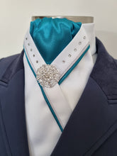 Load image into Gallery viewer, ERA SOPHIE STOCK TIE - White & Teal satin with teal & silver satin piping, Swarovski crystals and silver brooch