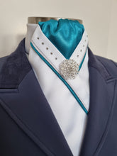 Load image into Gallery viewer, ERA SOPHIE STOCK TIE - White & Teal satin with teal & silver satin piping, Swarovski crystals and silver brooch