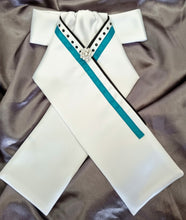 Load image into Gallery viewer, ERA SOPHIE STOCK TIE - White Satin with Black satin piping, turquoise trim, black crystals &amp; silver brooch
