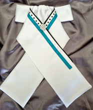 Load image into Gallery viewer, ERA SOPHIE STOCK TIE - White Satin with Black satin piping, turquoise trim, black crystals & silver brooch