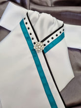 Load image into Gallery viewer, ERA SOPHIE STOCK TIE - White Satin with Black satin piping, turquoise trim, black crystals & silver brooch