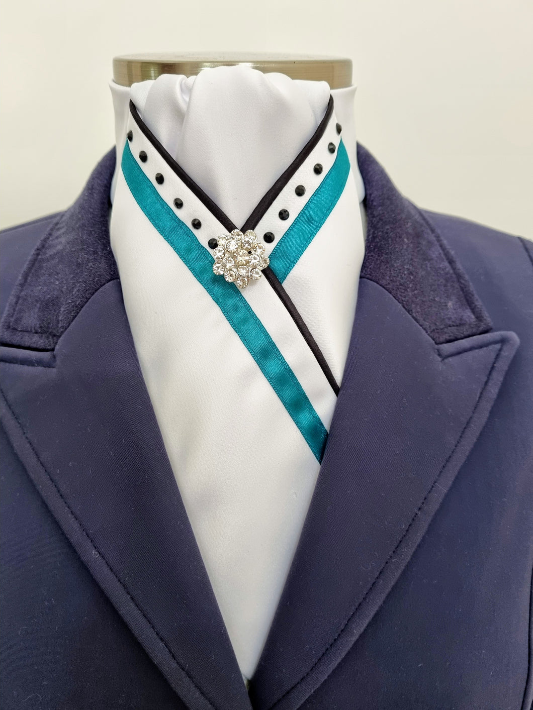 ERA SOPHIE STOCK TIE - White Satin with Black satin piping, turquoise trim, black crystals & silver brooch