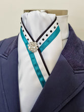 Load image into Gallery viewer, ERA SOPHIE STOCK TIE - White Satin with Black satin piping, turquoise trim, black crystals & silver brooch