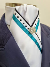 Load image into Gallery viewer, ERA SOPHIE STOCK TIE - White Satin with Black satin piping, turquoise trim, black crystals & silver brooch