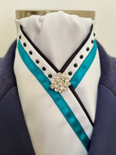 Load image into Gallery viewer, ERA SOPHIE STOCK TIE - White Satin with Black satin piping, turquoise trim, black crystals & silver brooch