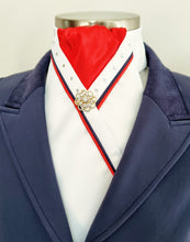 Load image into Gallery viewer, ERA SOPHIE STOCKTIE - White & red with navy & red piping, crystals and brooch