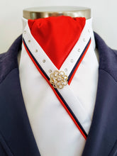 Load image into Gallery viewer, ERA SOPHIE STOCKTIE - White & red with navy & red piping, crystals and brooch