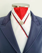 Load image into Gallery viewer, ERA SOPHIE STOCKTIE - White & red with navy & red piping, crystals and brooch