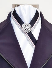 Load image into Gallery viewer, ERA ZARA STOCK TIE - White satin with red, navy or black trim and brooch