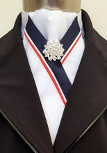 Load image into Gallery viewer, ERA ZARA STOCK TIE - White satin with red, navy or black trim and brooch