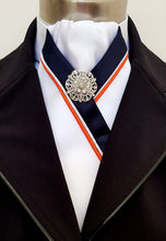 Load image into Gallery viewer, ERA ZARA STOCK TIE - White satin with red, navy or black trim and brooch