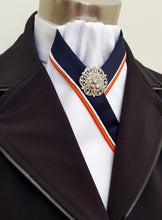 Load image into Gallery viewer, ERA ZARA STOCK TIE - White satin with red, navy or black trim and brooch