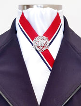 Load image into Gallery viewer, ERA ZARA STOCK TIE - White satin with red, navy or black trim and brooch
