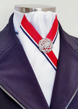 Load image into Gallery viewer, ERA ZARA STOCK TIE - White satin with red, navy or black trim and brooch