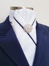 Load image into Gallery viewer, ERA RACHAEL STOCK TIE - White satin with black & silver satin piping and brooch