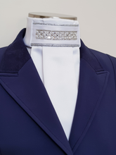 Load image into Gallery viewer, ERA EURO KARA STOCK TIE - White satin, silver piping with crystal trim - 5 colours - crystal/pearl, mint, black, blue, gold