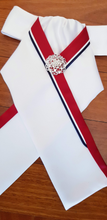 Load image into Gallery viewer, ERA ZARA STOCK TIE - White satin with red, navy or black trim and brooch